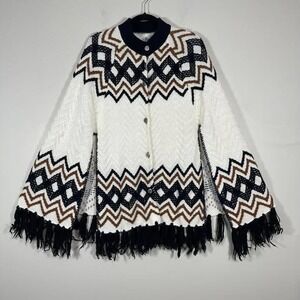VTG Jo-Rea Poncho Sweater O/S Black White Chevron Fringe‎ Boho Cape Western